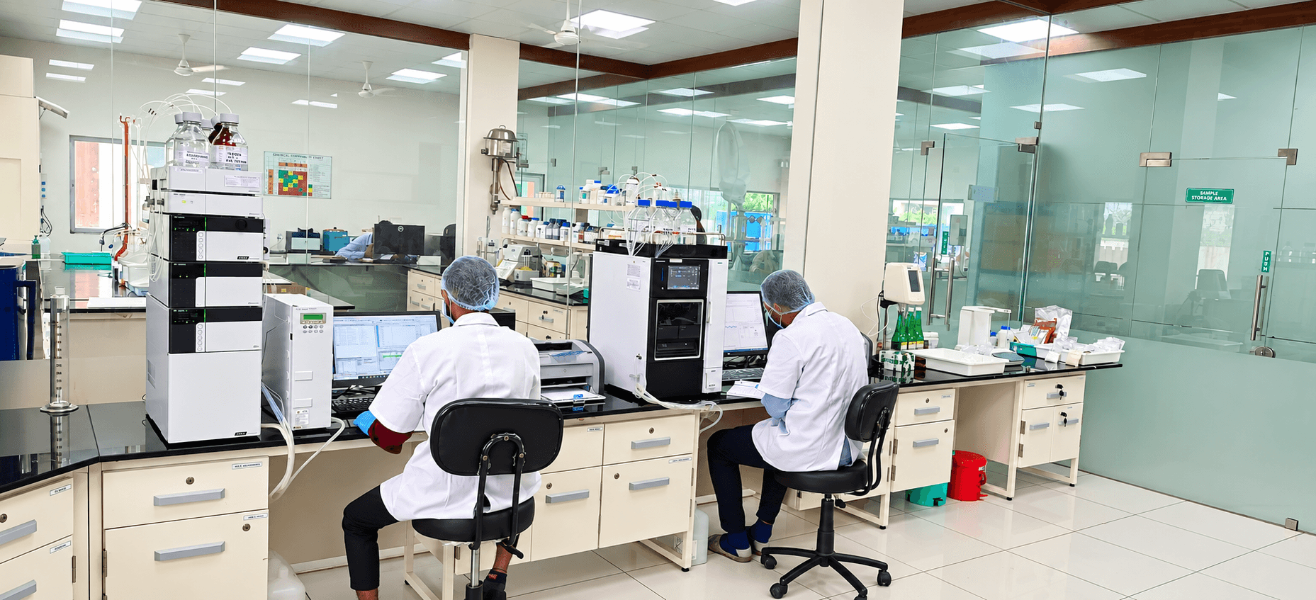 Scientist operating analytical instruments in the Dahej quality control laboratory